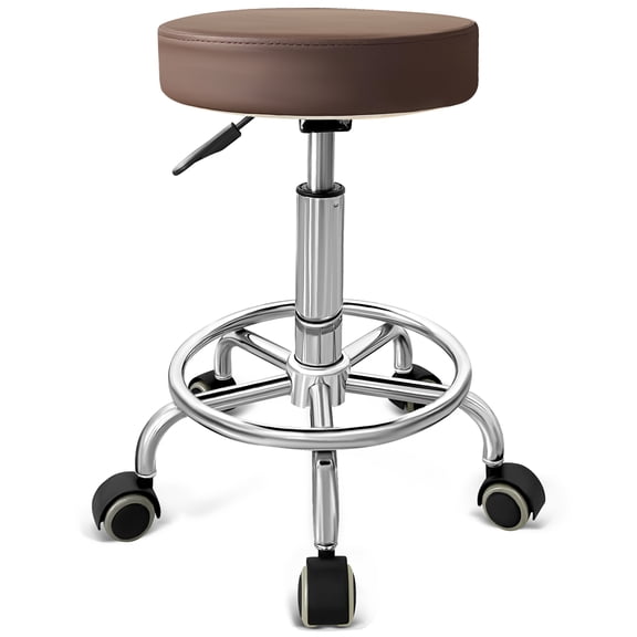 PU Leather Swivel Stool with Footrest - Height Adjustable Rolling Stool for Makeup, Spa, Drafting Salon, Office, Kitchen & Home, Brown