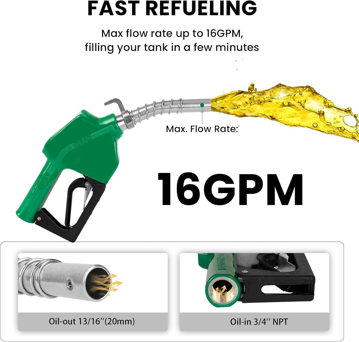 3/4" Inch NPT Automatic Fuel Nozzle, Auto Shut Off Fuel Refilling Nozzle with 3-speed Padlock 13/16" Spout Diesel Fueling Nozzle with Hook for Gasoline Kerosene Biodiesel