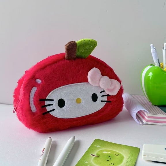 Cute Red Apple Hello Modern Kitty Large Capacity Pencil Case Plush Pen Holder Sweety Pencil Pouch Box Cute Aesthetic Pen Case