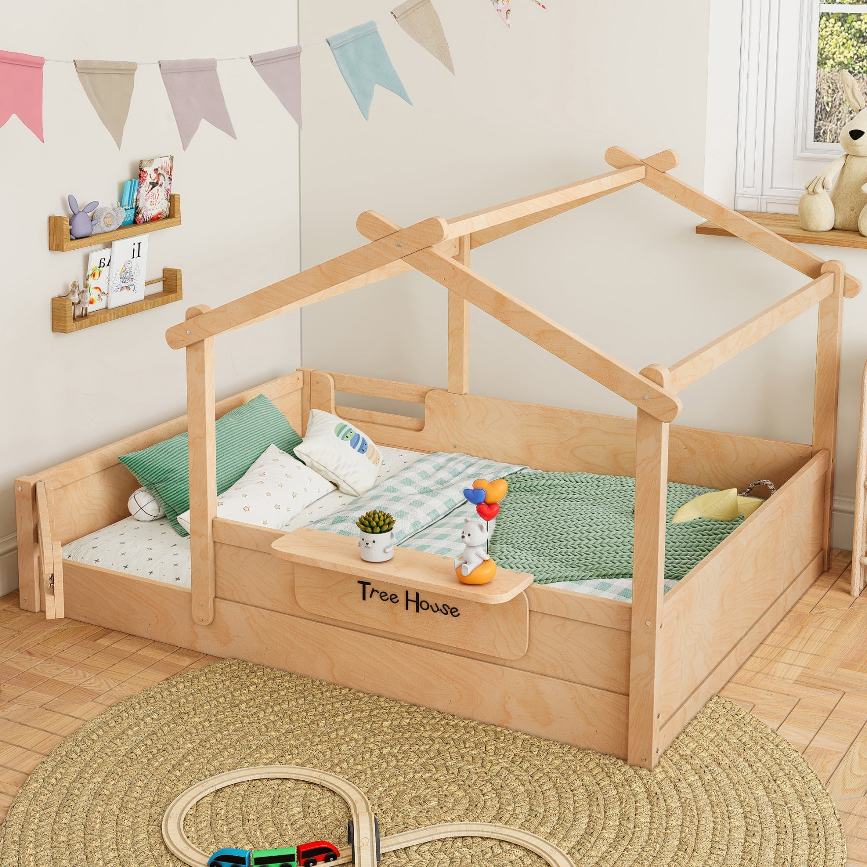 Full House Bed for Kids, Wooden Montessori Floor Bed with Door and Fence, Playhouse Roof Toddler Floor Bed with Built-in Tray for Boys & Girls, Natural