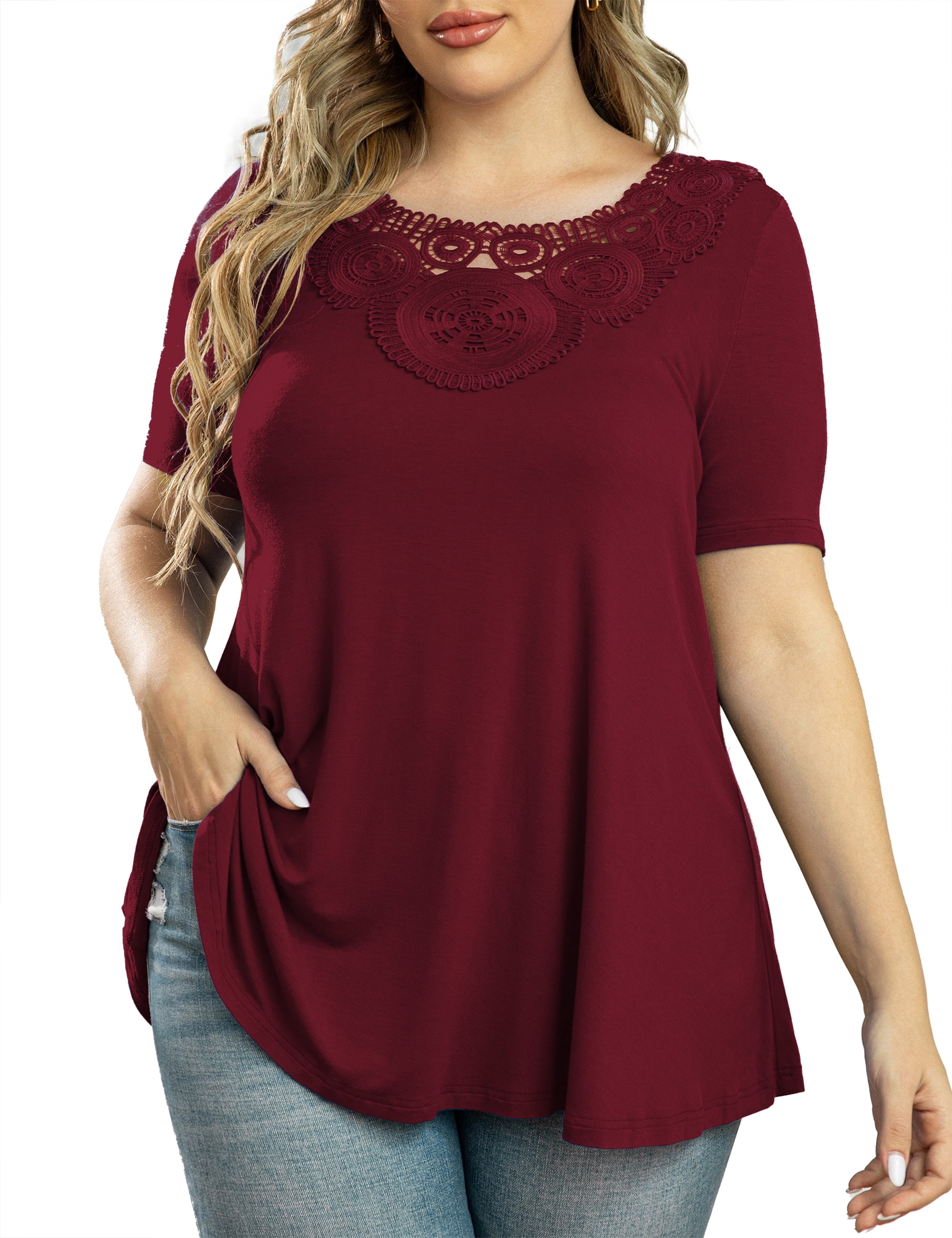 OmicGot Womens Plus Size Tops Short Sleeve Shirts Lace Pleated Tunic ...