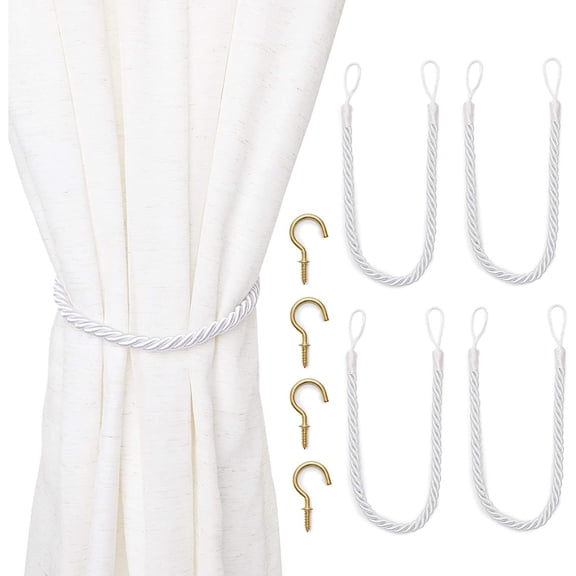 2-pair Curtain Tieback Rope, 26" White Curtain Tie Back Holdbacks with Hook