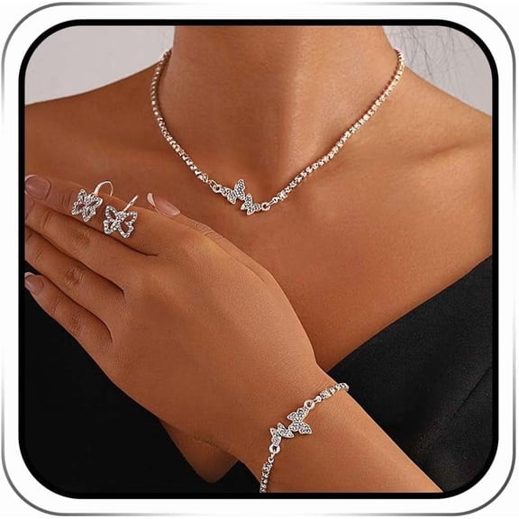 Rhinestone Butterfly Jewelry Sets Silver Necklace Bracelet Earrings Set Crystal Bridal Wedding Jewelry for Women(Set of 3)