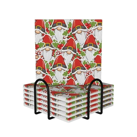 

XMXY Drink Coasters with Holder for Coffee Table Christmas Gnome Santa Absorbent Ceramic Cups Coaster Sets 6 Pack 4 Inches Square