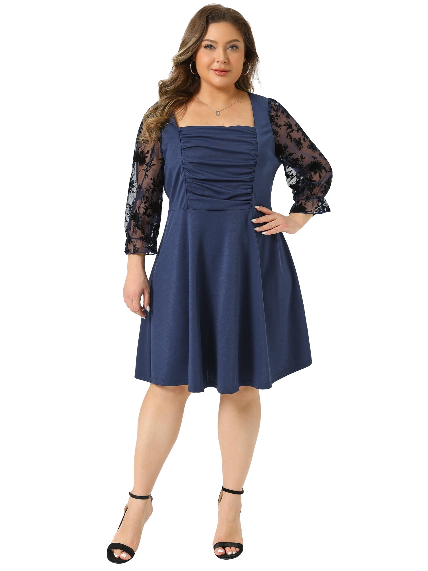 DARING DIVA Plus Women's Size Square Neck Floral Mesh Long Sleeves Dress 4X Dark Blue