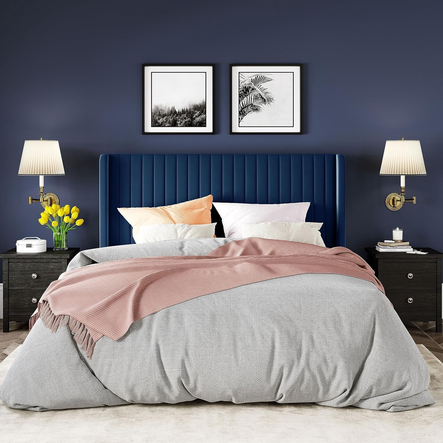 Allewie Queen Size Velvet Bed Frame/Vertical Channel Tufted Wingback Headboard/Upholstered Platform Bed/Strong Wooden Slats/No Box Spring Needed/Easy Assembly/Blue