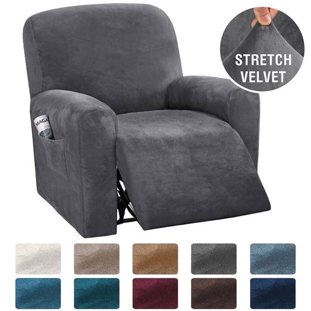 Funda de terciopelo para sillón reclinable Mkk con bolsillo lateral, 4 piezas, funda antideslizante para sofá reclinable de 1 asiento, elástica, ajustada, gruesa, suave, lavable