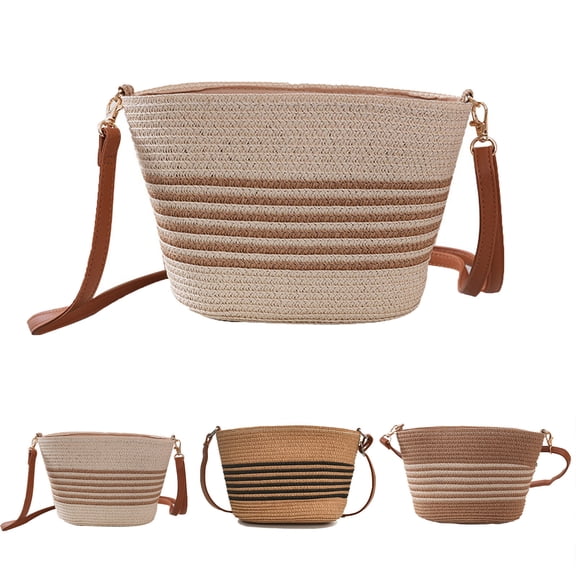 CAIXIA Women Striped Woven Straw Crossbody Bag Adjustable Strap Casual Beach Shoulder Purse