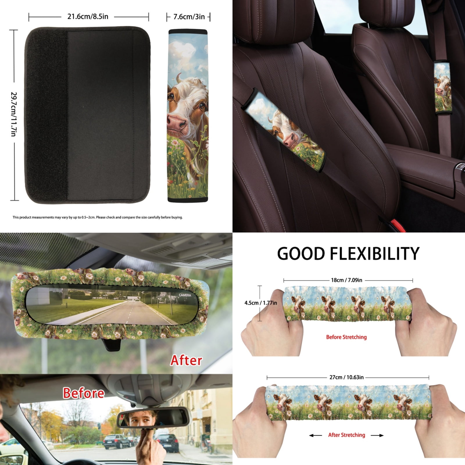 Jeiento Cow Car Seat Covers Full Set with Steering Wheel Cover Seat Belt Strap Cover Flowers Car Garbage Bag Rearview Mirror Protective Cover Cup Coasters Keychain Lip Gloss Holder 13 Pack