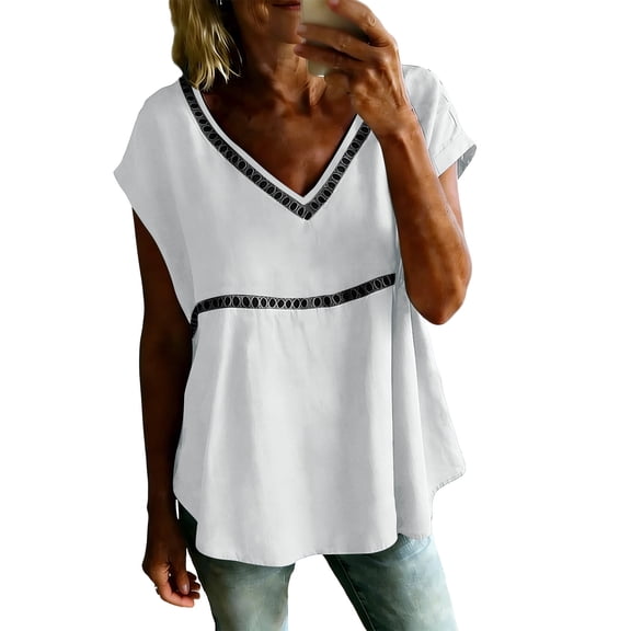 Ymauqau Women's Tunic Tops Short Sleeve V Neck Hollow out Patchwork Pleated Babydoll T-Shirts Casual Loose Tee Blouses