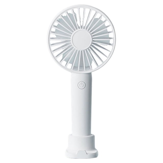 wosthever ventiladores portátiles mini aire acondicionado de escritorio 3 velocidades estudiantes herramientas de refrigeración refrigerador type3 no3 Ventilador portátil blanco, vista frontal centrada; carcasa ABS con rejilla circular y tres aspas, botón de encendido en el mango, base que también funciona como soporte para teléfono y puerto USB para recarga, tamaño aprox. 20.3 x 9.5 x 3.5 cm y batería 1200 mAh, operación silenciosa con 3 velocidades, para escritorio, viaje u oficina; también apto como ventilador de mano personal.