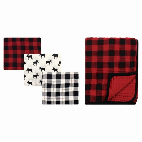 Hudson Baby Infant Boy Muslin Swaddle Blanket 3Pc and Tranquility Blanket, Moose Buffalo Plaid, One Size