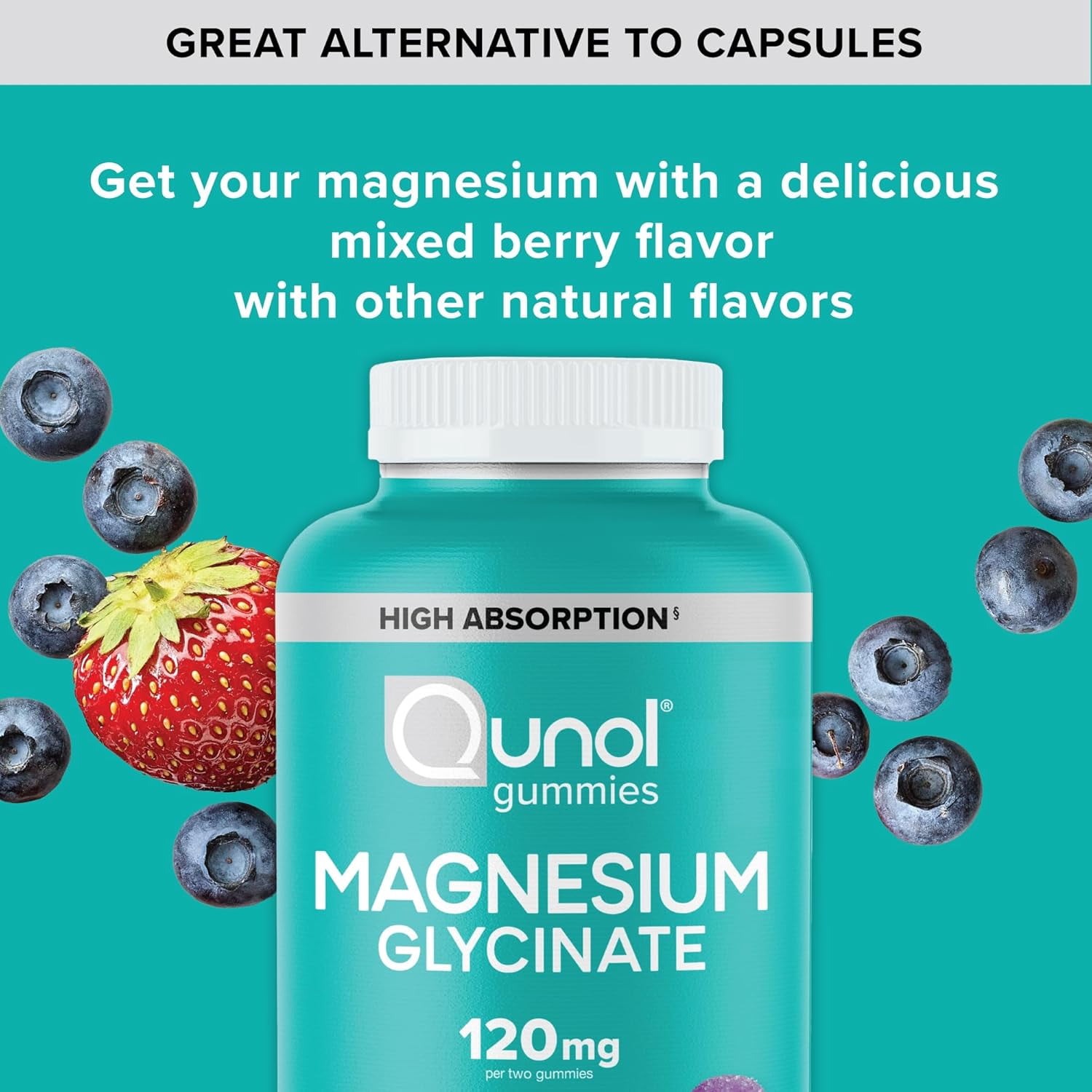 Qunol 120mg Magnesium Glycinate Gummies, High Absorption, Mixed Berry, 90 Count