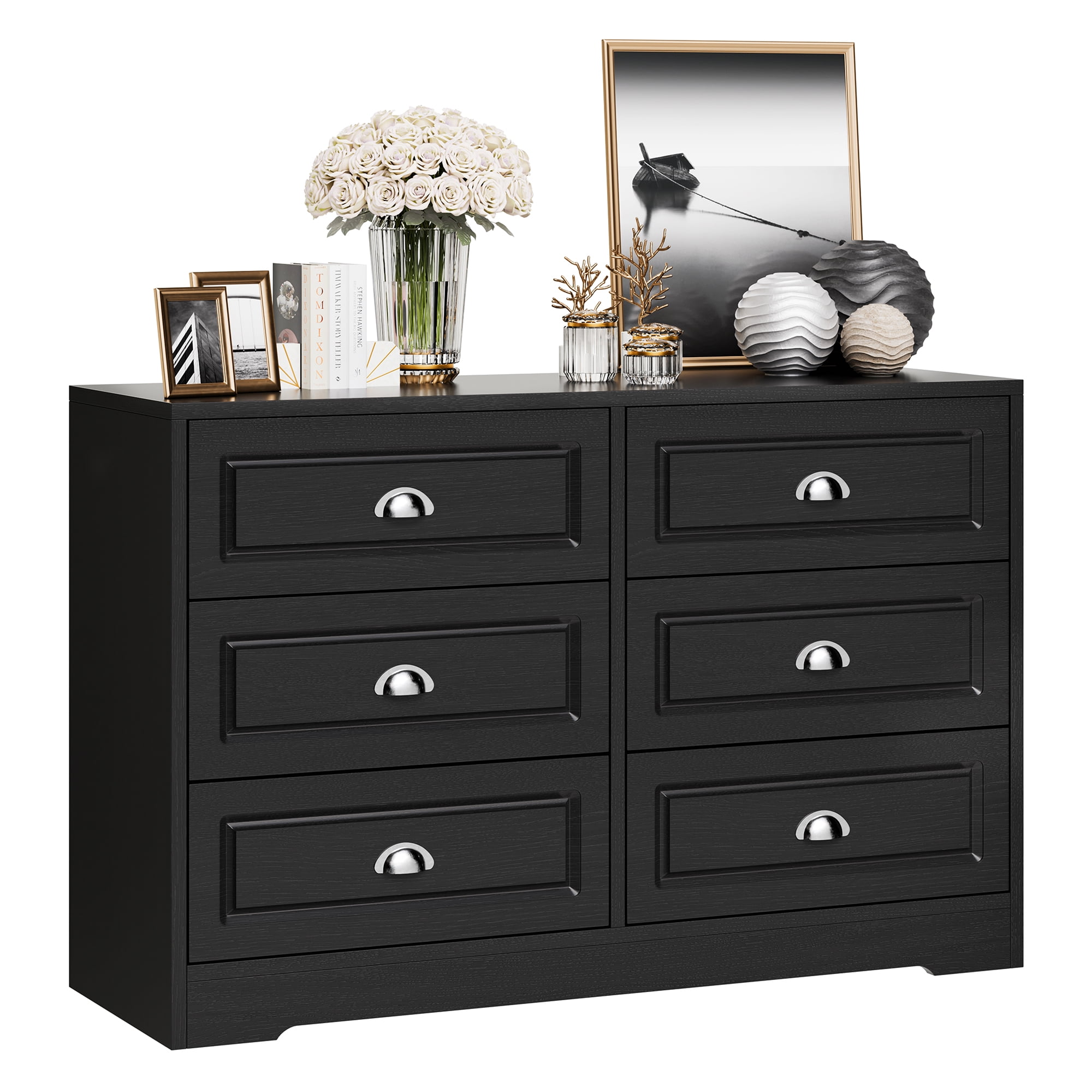 Walsunny 6 Drawer Wooden Dressers for Bedroom Adult with Metal Handles Modern Chest of Dresser Organizer Wood Storage Cabinet Black