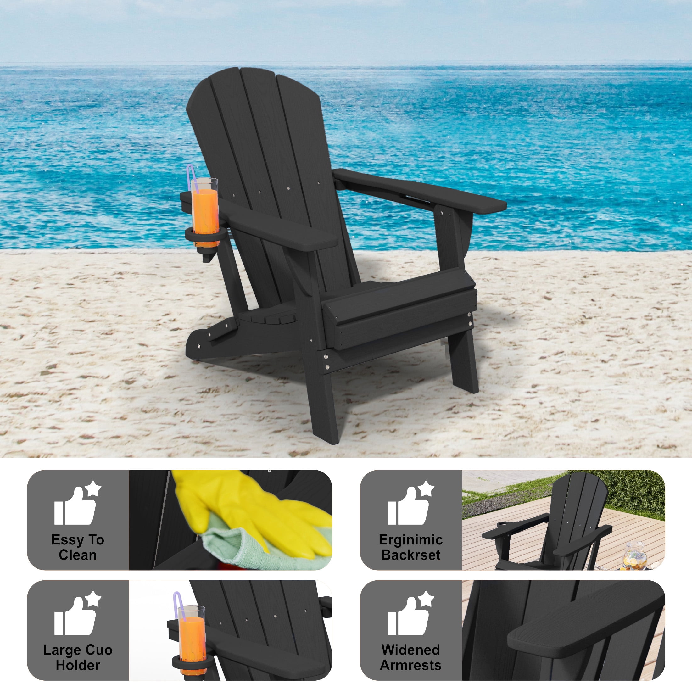 AreShark Adirondack Chair,HDPE All-Weather Patio Chairs Outdoor with Cup Holder, Lawn Chair with Weather Resistant for Outside Deck Lawn Garden, Weight Capacity Up to 380 Lbs –Black