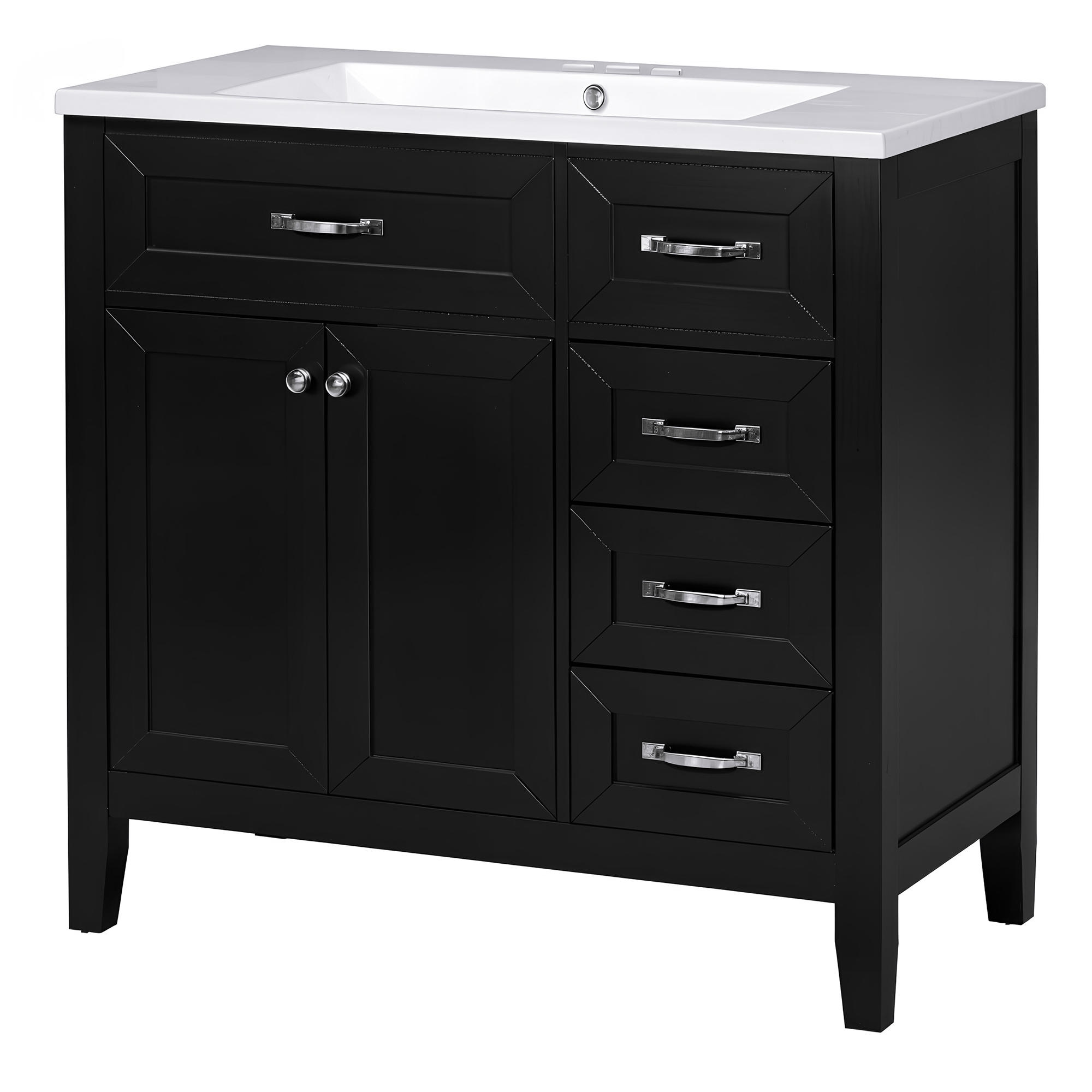 Soges 36" Bathroom Vanity with Sink Combo, Solid Wood Bathroom Makeup Cabinet with Door, Adjustable Shelf and 5 Drawers, Free Standing Single Basin Vanity Set, Durable & Easy to Clean, Black