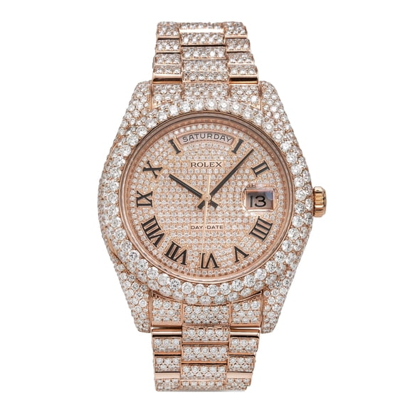 Pre-Owned Rolex Day-Date II 41MM 218235 Diamond Paved Roman Dial Diamond Bezel 18K Rose Gold Full Diamond President Bracelet 21.75ct