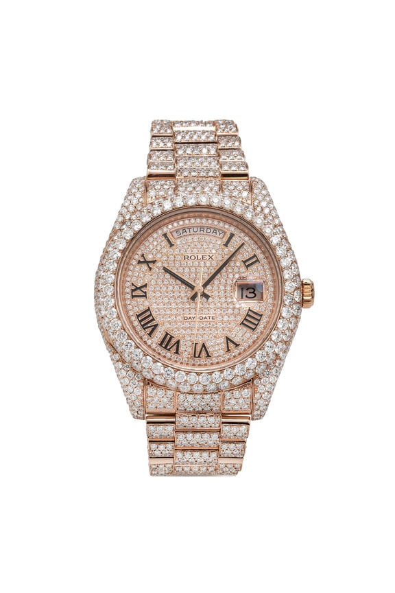 Pre-Owned Rolex Day-Date II 41MM 218235 Diamond Paved Roman Dial Diamond Bezel 18K Rose Gold Full Diamond President Bracelet 21.75ct