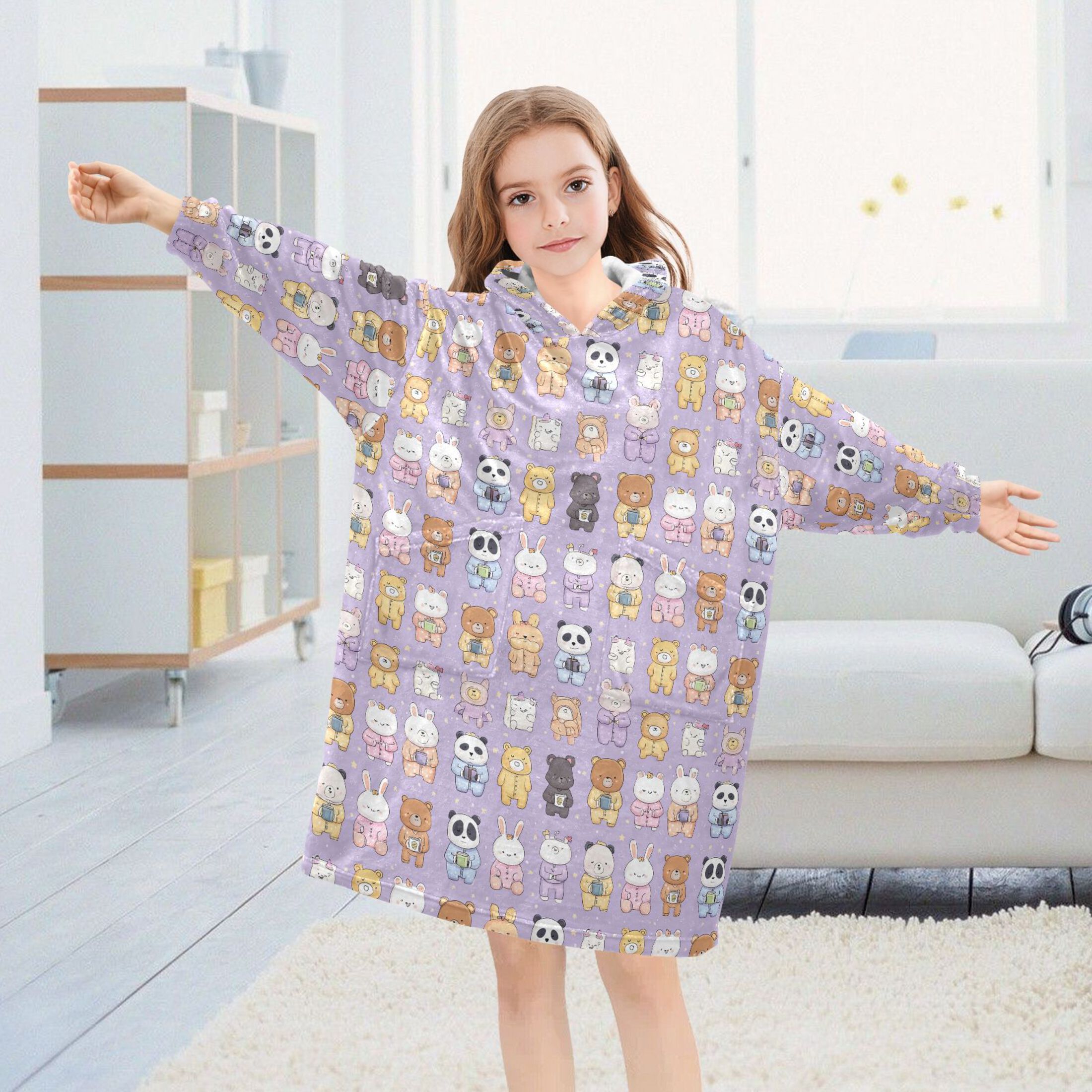 Wearable Blanket Hoodie for Kids Cute Animals in Pajamas Flannel Hooded Blanket with Pockets and Sleeves Suitable for Boys and Girls