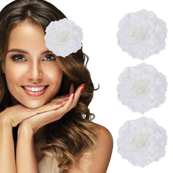 Uxcell 3 Pcs Peony Flowers Hair Clip, 4.7 Inch Artificial Fabric Head Flower for Women Hair Pins Corsage DIY Crafts Clothing Wedding Birthday Party, White