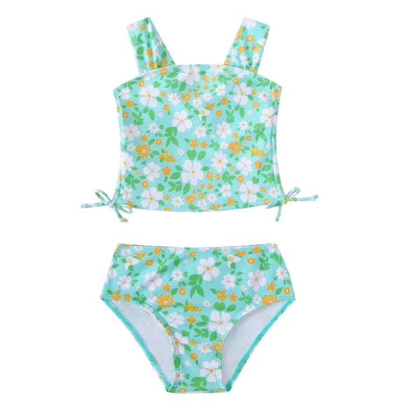 Kucnuzki 6T Little Girls Swimsuit Set 7T Girl Summer Bathing Suit Drawstring Floral Top Bottoms 2pcs Bikini Set Beach Breathable Tankini Set Swimwear Green