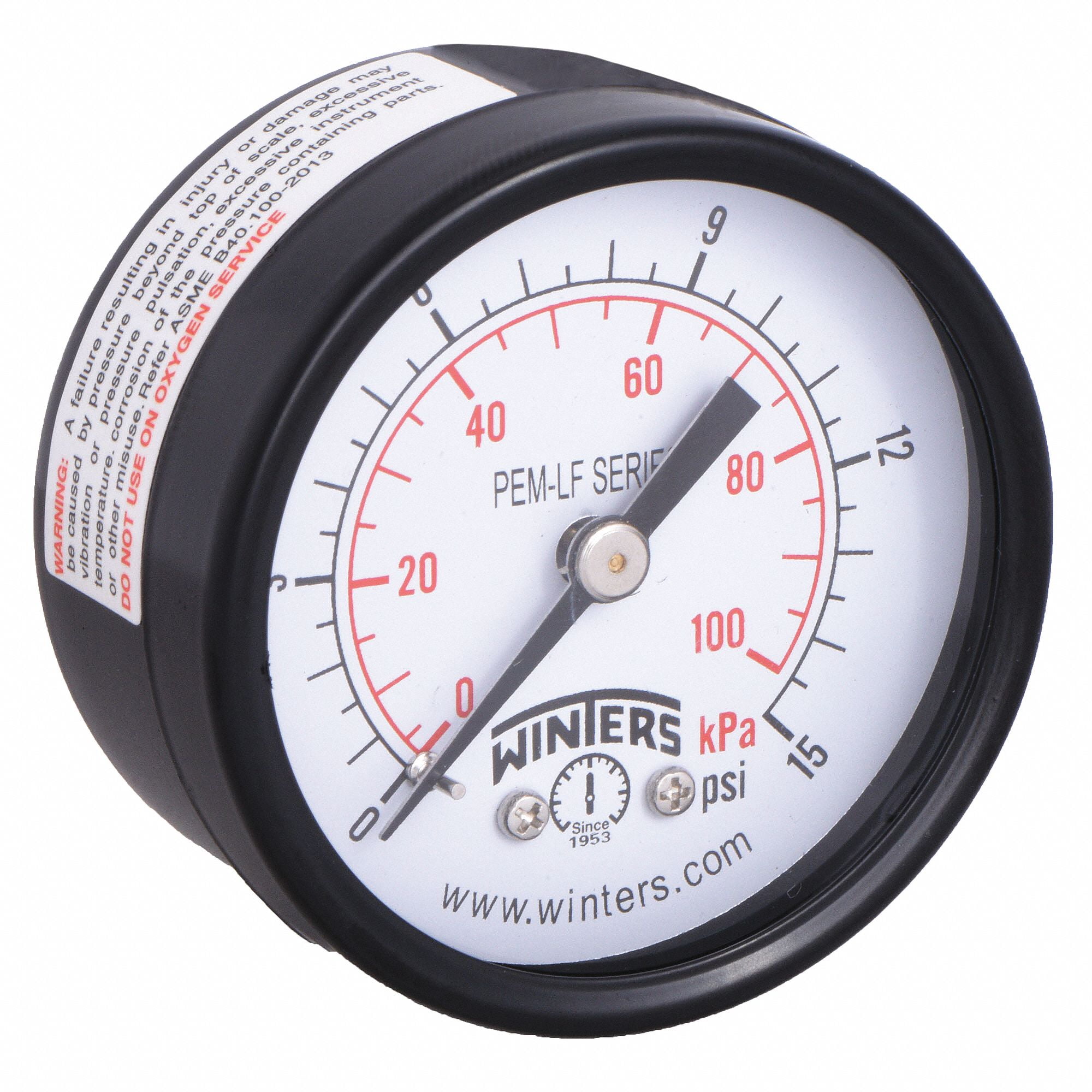 Winters Pressure Gauge, 0 to 15 psi Range, 1/4" NPT, ±323 Gauge