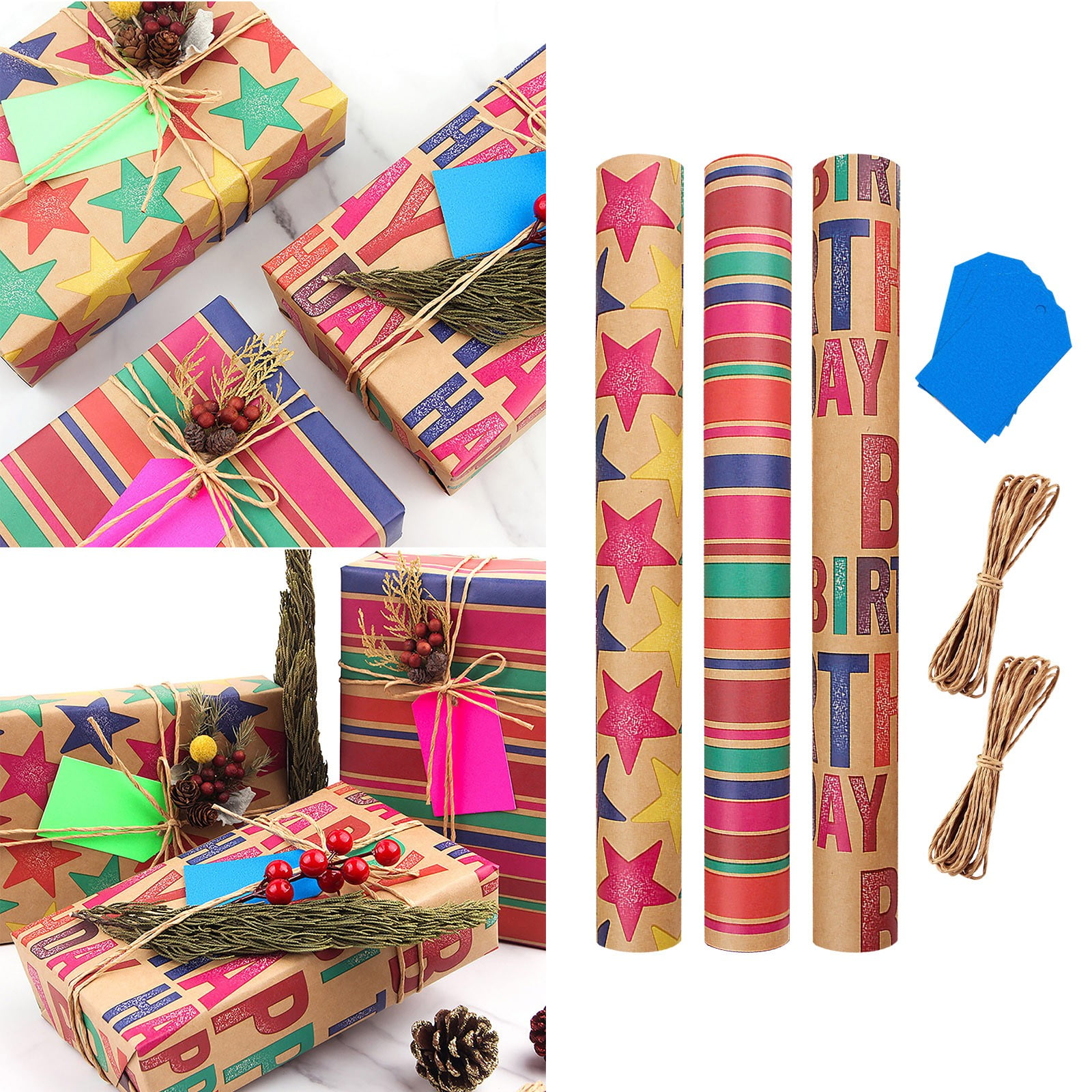 BuleStore Birthday Party Gift Wrapping Paper, 3 Sheets Of Birthday