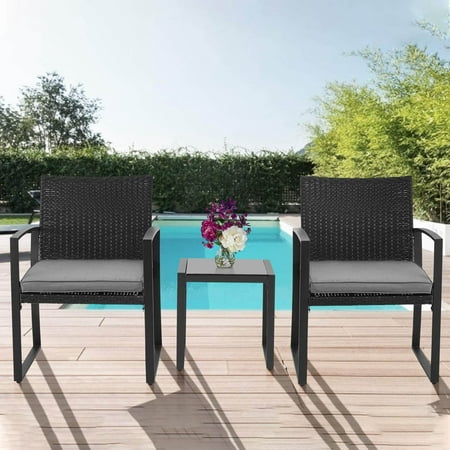 SUNCROWN 3-Piece Patio Furniture Outdoor Bistro Set Black Wicker Chairs and Coffee Table with Gray Cushions