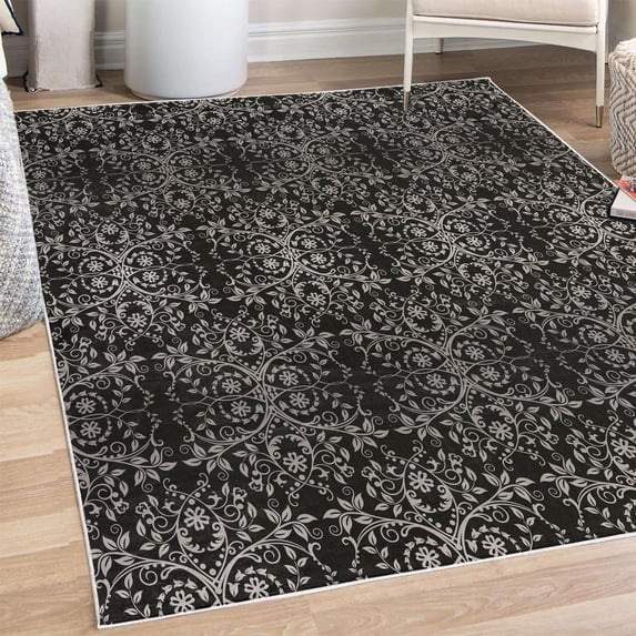 Floral Decorative Rug, Victorian Lace Flowers and Leaves Retro Background Old Fashioned Graphic, Quality Carpet for Bedroom Dorm and Living Room, 6 Sizes, Black Coconut, by Ambesonne