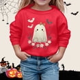 thumbnail image 2 of Krdevn Kids Lace Hem Ghost Bow Floral Leaf Bat Graphic Crewneck Sweatshirt Long Sleeve Casual Pullover Top for Halloween Holiday Outfit Red,5-6 Years, 2 of 4