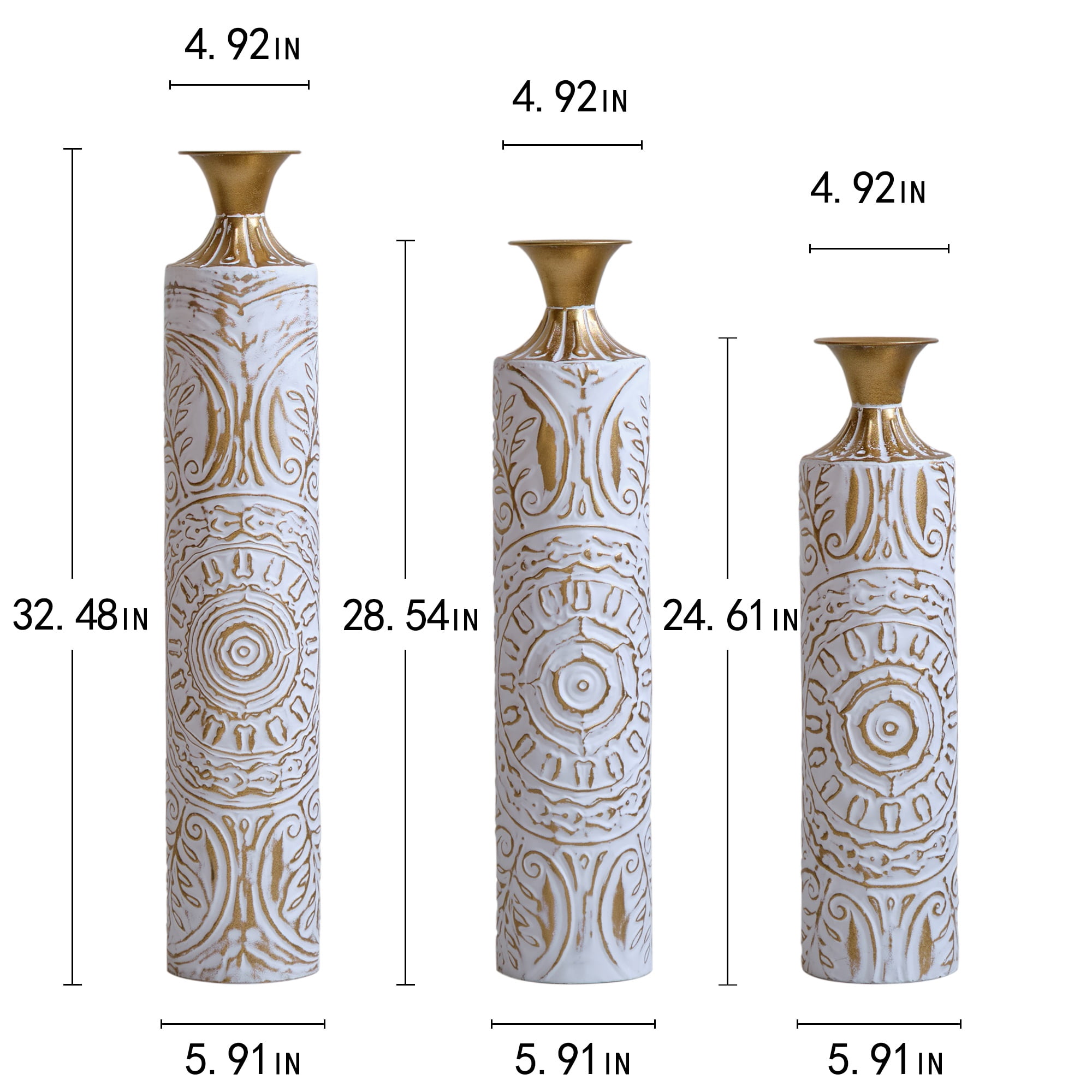 Aukfa Metal Decorative Tall Floor Vase,Set of 3 Large glazed Vases,24"/ 28.7"/33.5" H,White