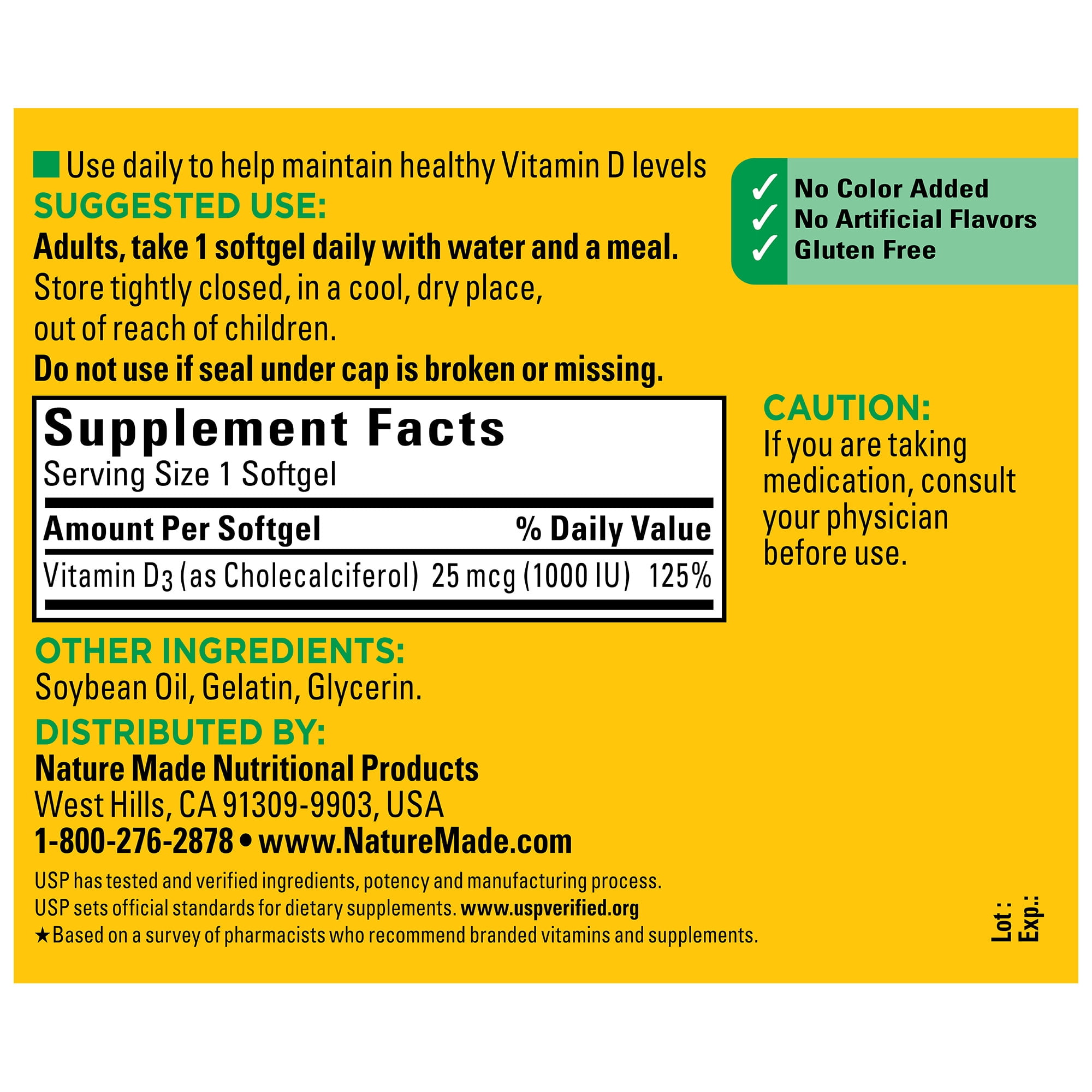 Nature Made Vitamin D3 1000 IU (25 mcg) Softgels, Dietary Supplement for Bone and Immune Health Support, 500 Count