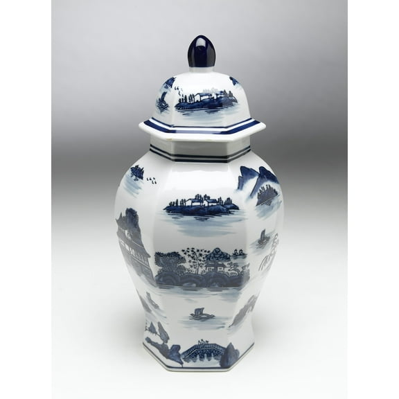 Zeckos AA Importing 59742 Blue And White Shaped Ginger Jar With Lid