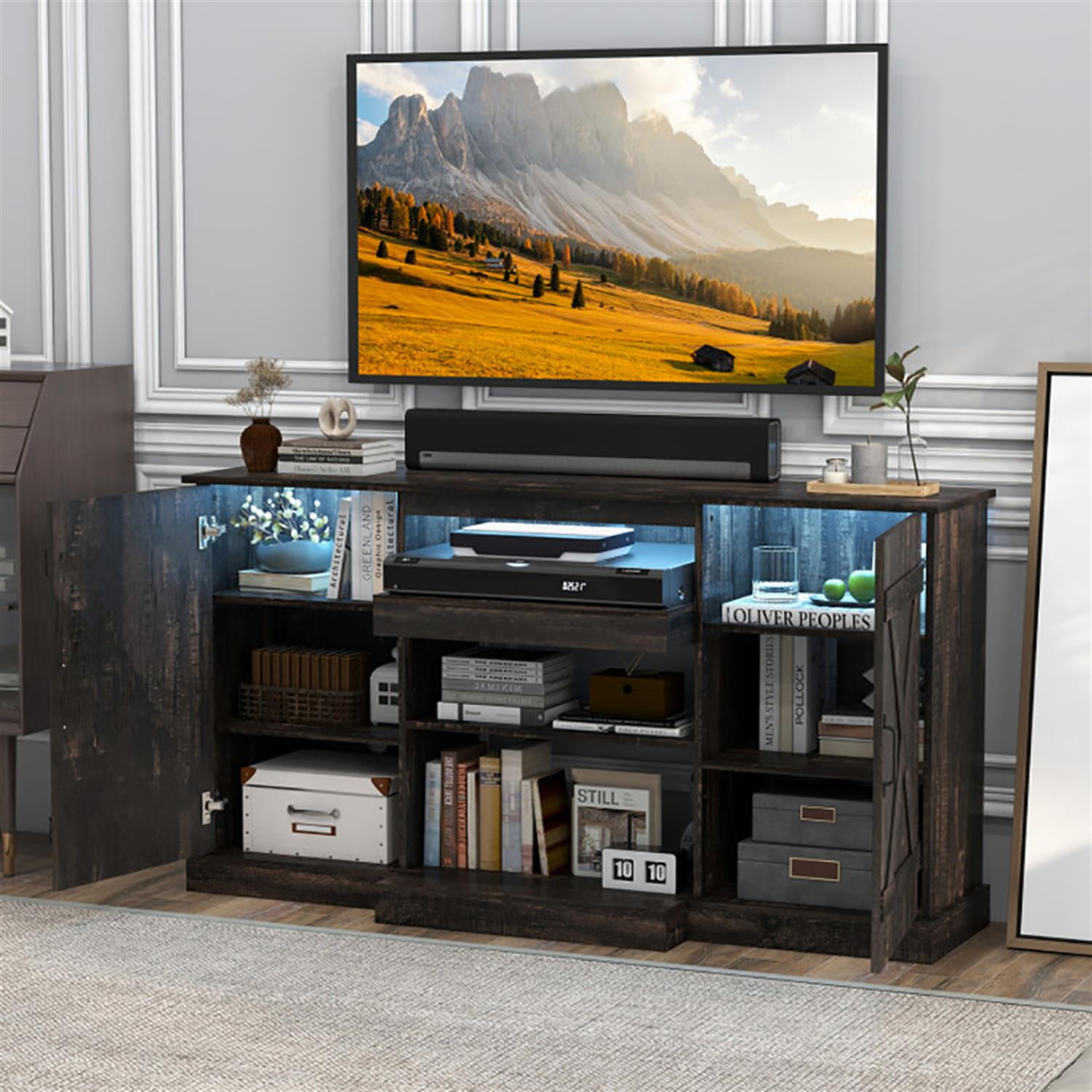 Demi Bonn TV Stand for 65" TVs, Entertainment Center with 20 Color Led Lights, Modern Media TV Console Table for Living Room Bedroom, Brown