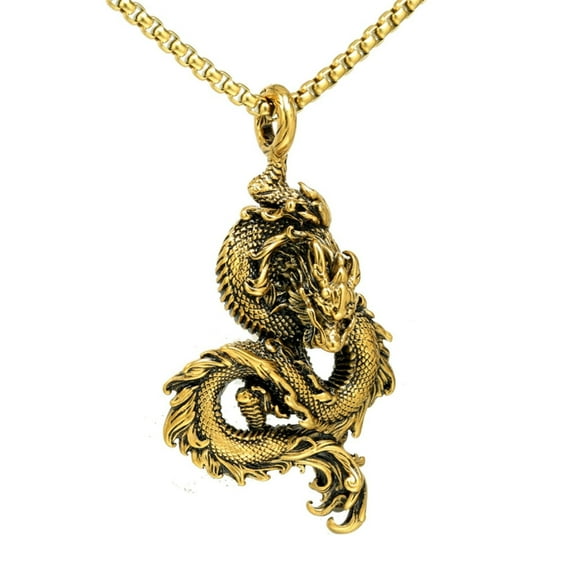 Necklaces for Womennecklaces & Pendants Necklace Vintage Steel Dragon Necklace Chinese Dragon Engraved Pendant Women Men Sweater Chain Party Club Jewelry Birthday Gift (Gold )