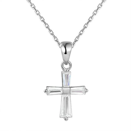 - Sterling Silver Baguette Cross Pendant Simulated Diamond Mini Charm Necklace Set