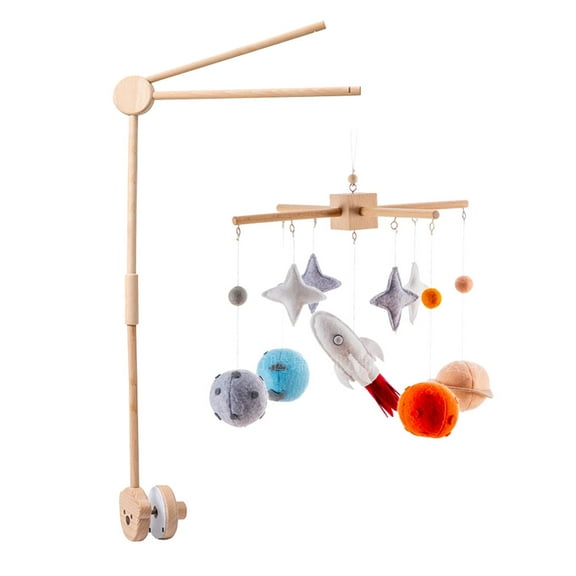 Planet Baby Crib Bell Mobile – Rotating Wooden Wind Chimes with Stars, Rocket & Planet Pendants – Soothing Infant Sleep & Nursery Decor