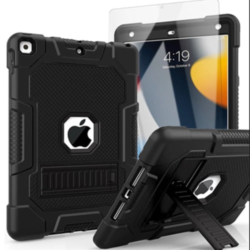 SuperShield Case Compatible with iPad 9th/8th/7th Generation Case 10.2 Inch 2021 with Glass Screen Protector, Heavy Duty Drop Proof Stand Cover | Black