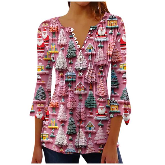 LbsKUS Deals,Christmas Shirts for Women Cute Xmas 3D Graphic Tops Santa Claus Holiday Shirt Xmas Tree Tops Xmas Gifts T Shirts Casual 3/4 Sleeve Top Loose Fit Pleated Tunic Blouse(Gold,S)