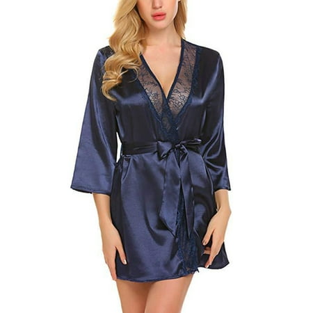 

ALSLIAO Women Satin Robes Summer Wrap Dressing Gown Bathrobe Nightgown Pajamas Blue M