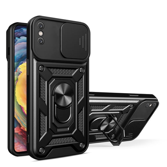 JTCASES for iPhone Xs Max Case with Sliding Lens Window Magnetic Car Mount Rotating Kickstand Hybird 3-layer Non-slipping Military-grade Protection Shell, Black