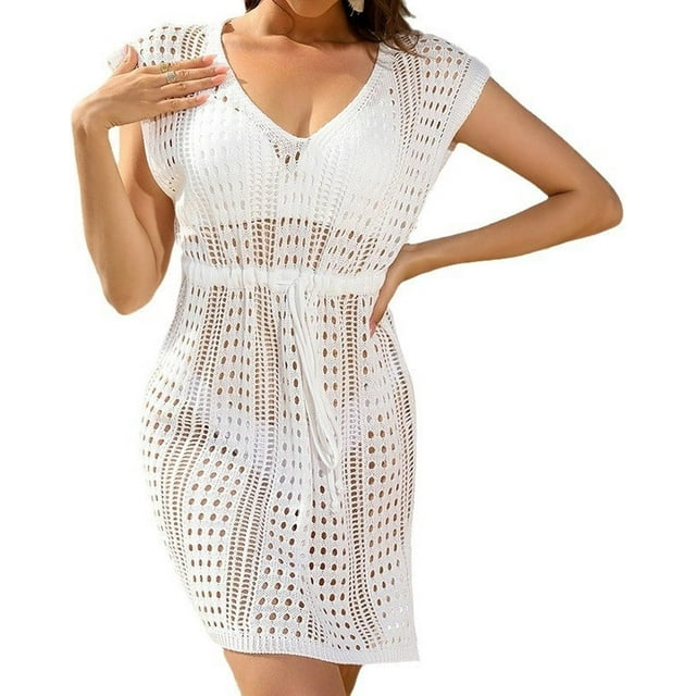 Women's Cable Knit Spring Break Chic Cover Up Cool Cut Out Breathable Cap Sleeve Drawstring Bikini Cover Up