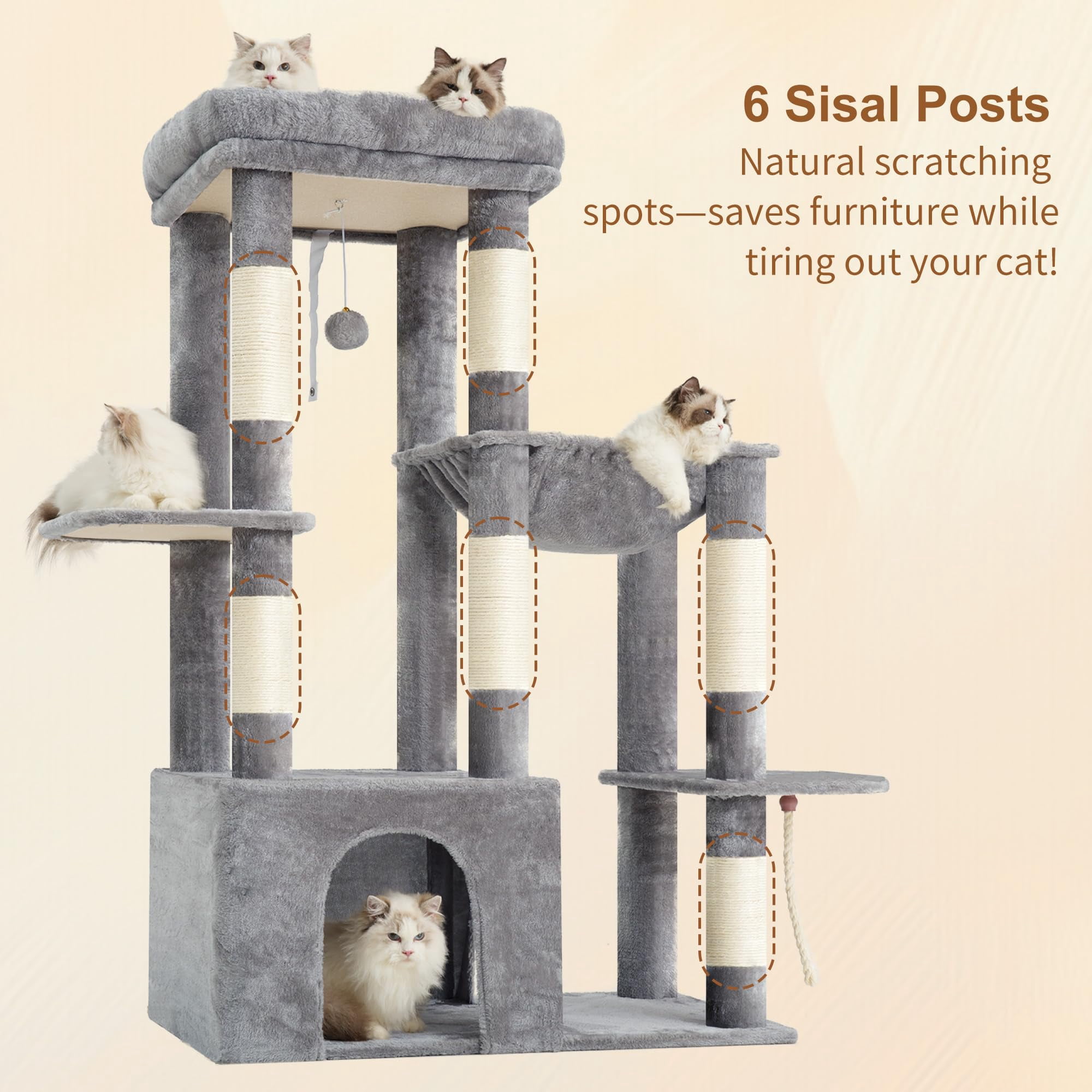 Heavy Duty Cat Tree  Tower For Indoor Cats Large Adult Tall Condo House With Extra-large Baseboard Multi-level Plush Furniture Posts Hammock Balls Light Gray Hct026w