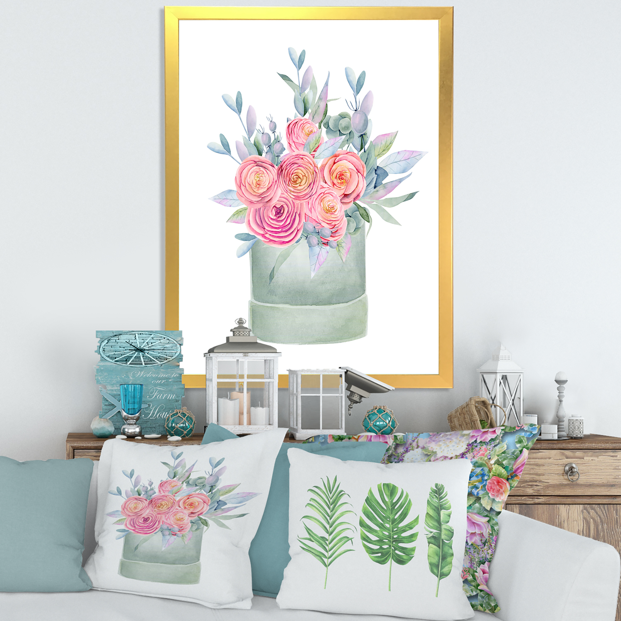 Designart 'Pink Roses With Gift Box' Farmhouse Framed Art Print