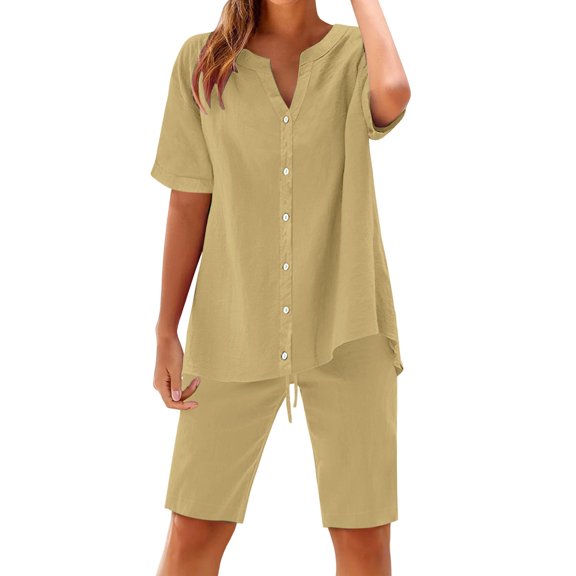 GILIGEGE Linen Sets for Women 2 Piece Summer Women's Solid Color Fashion Casual Cotton Linen Pocket Long Sleeve Shirt Short Jacket Suit Lounge Beach Vacation Two Piece Outfits Tracksuits Beige L