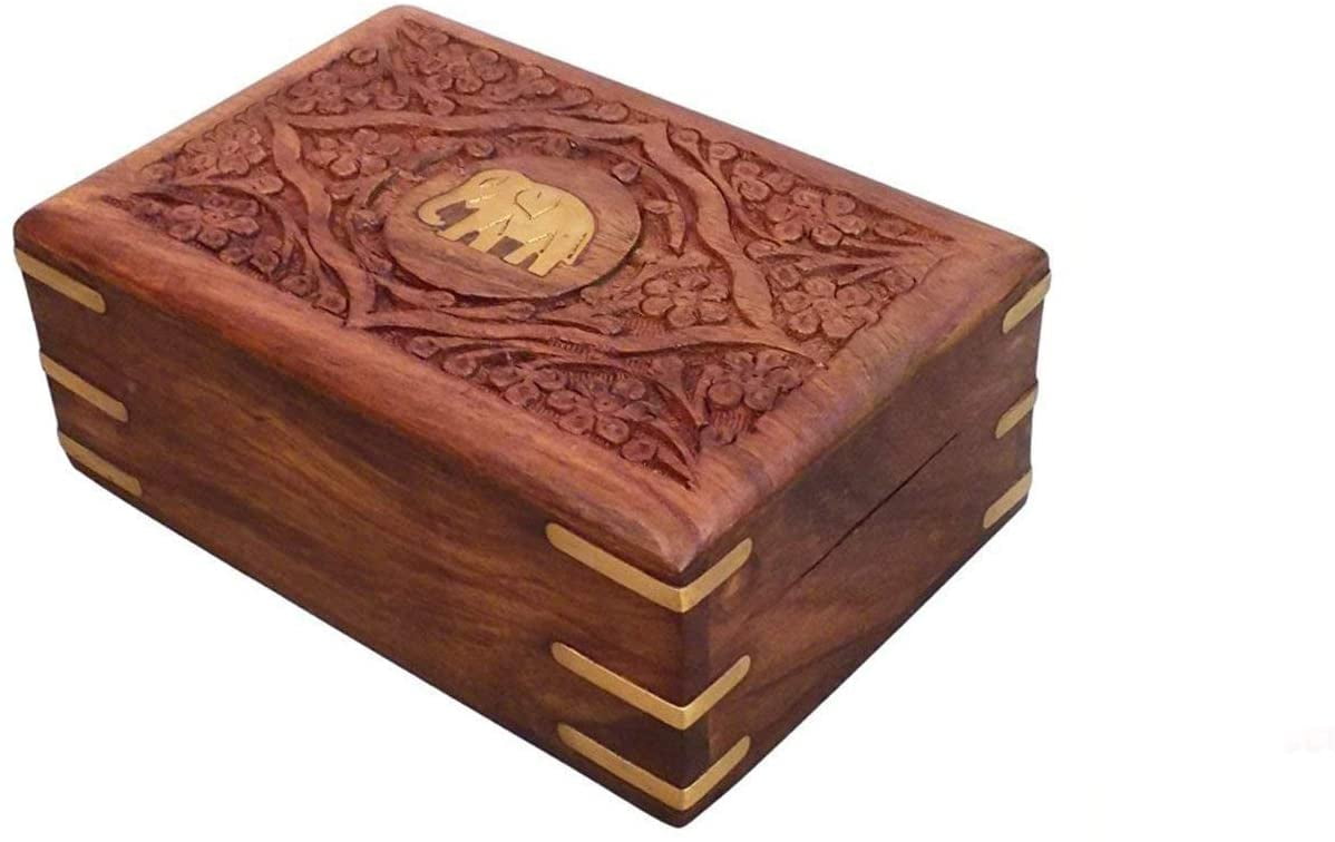 Ajuny Hand Carved Elephant Embossed Small Wooden Treasure Chest Storage Box Perfect Jewellery boxes 