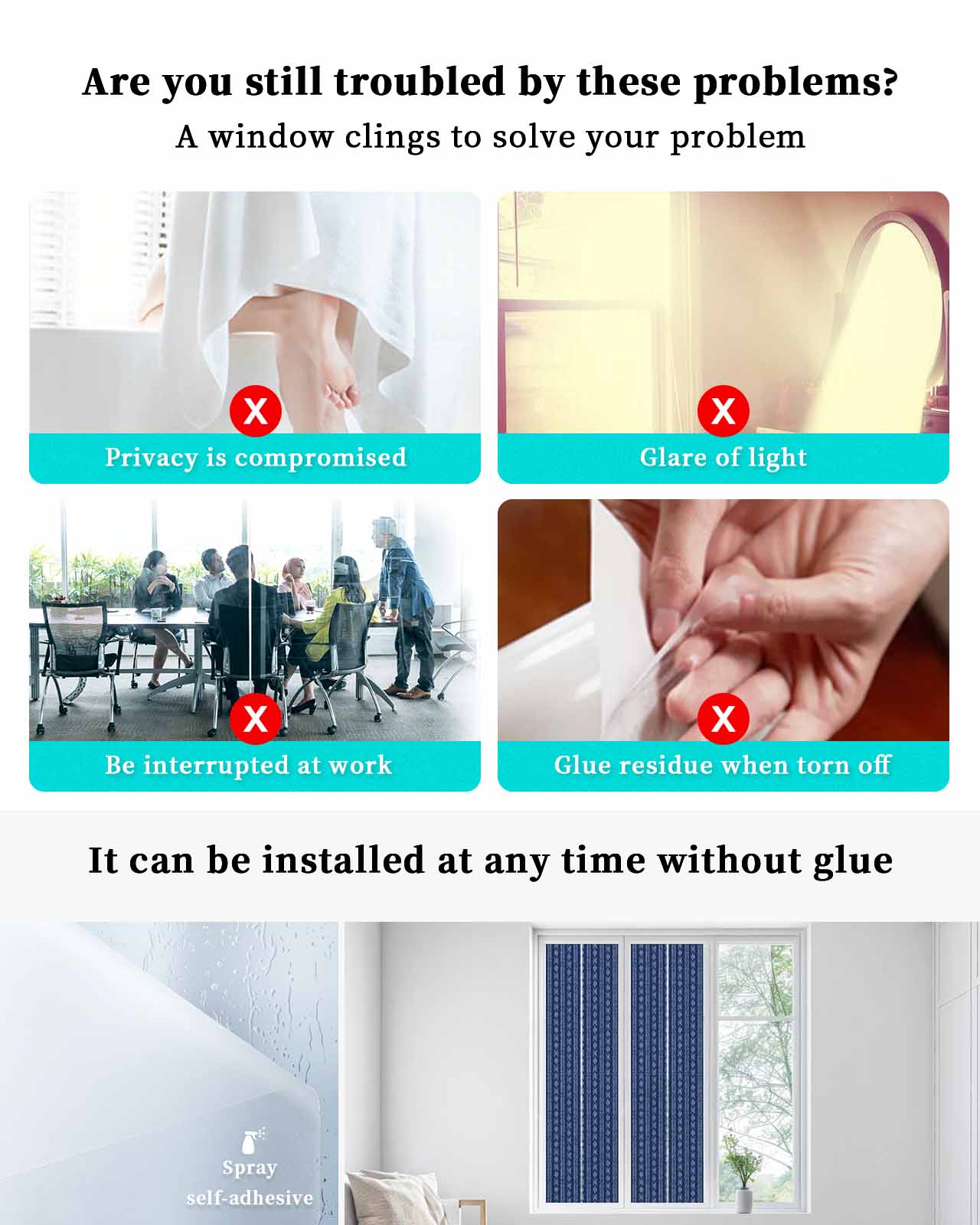 Window Privacy Film,Boho Navy Blue Stripes UV Sun Blocking Window Tint Film Heat Control One Way Blackout Window Film,Modern Bohemian Art Texture Non Adhesive Static Cling Window Sticker 29.5x118 In