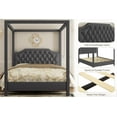 thumbnail image 4 of Upholstered Canopy Metal Bed Frame Queen Size with Headboard, Button Tufted, Nailhead Trim Design, No Box Spring Required,Dark Grey with Sturdy Steel Slats, 4 of 9