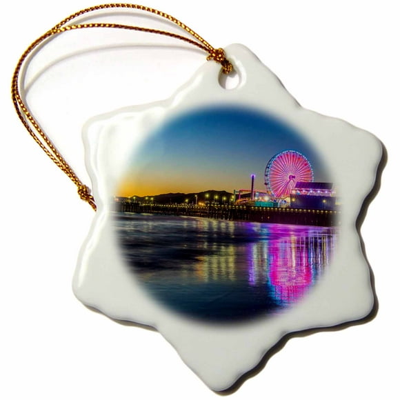 3dRose USA, California, Los Angeles, Santa Monica Pier Twilight , Snowflake Ornament, Porcelain, 3-inch