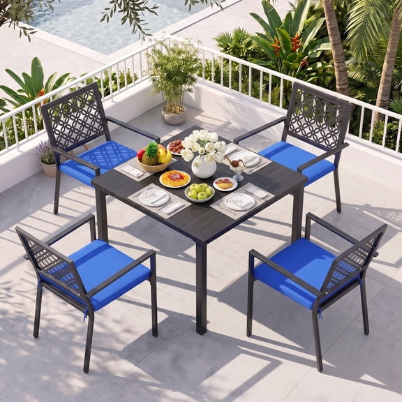 Vitarpatio 5 Piece Outdoor Patio Dining Set, Metal Outdoor Furniture Set with Square Dining Table and 4 Chairs, All-Weather Patio Table and Chairs Set for 4, Hollow Back Armchairs W/ Cushions